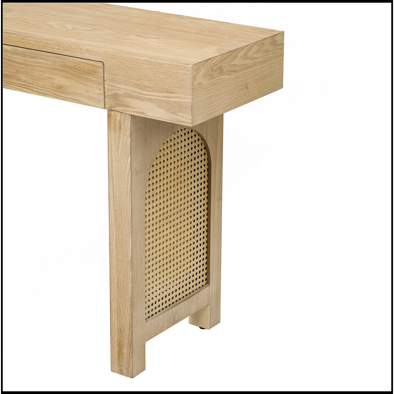 Console étroite avec décoration en rotin, table d'entrée en bois naturel avec tiroirs de rangement, élégante table de canapé rustique pour le salon et le couloir (naturel)