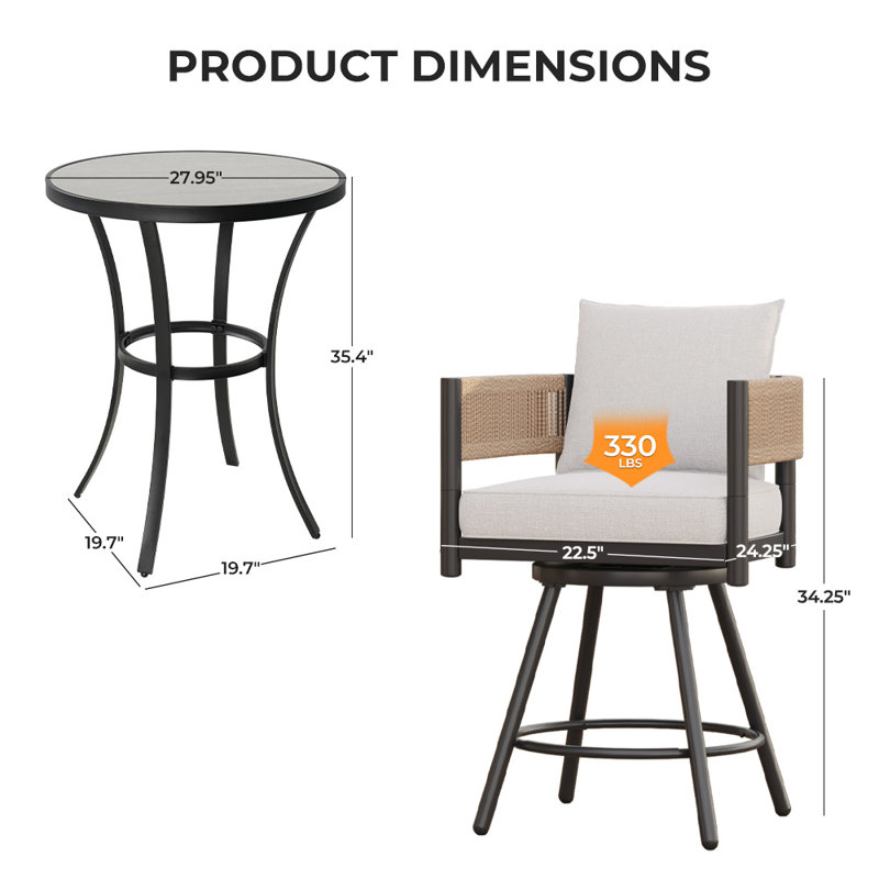 Maine Outdoor 3 Piece Steel Wicker Dinning Bar Stools  With Tile Bar, Natural/White