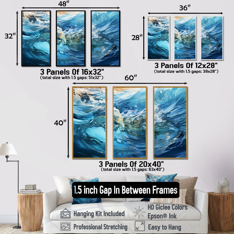 Ensemble d'art sur toile bleu marine et blanc Fusion IV, Cadre flottant doré, 32" H x 48" W x 1" D