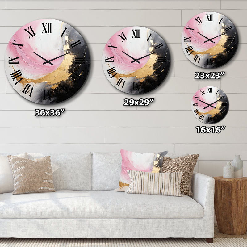Horloge murale abstraite vague dorée rose et noire III, Très grand