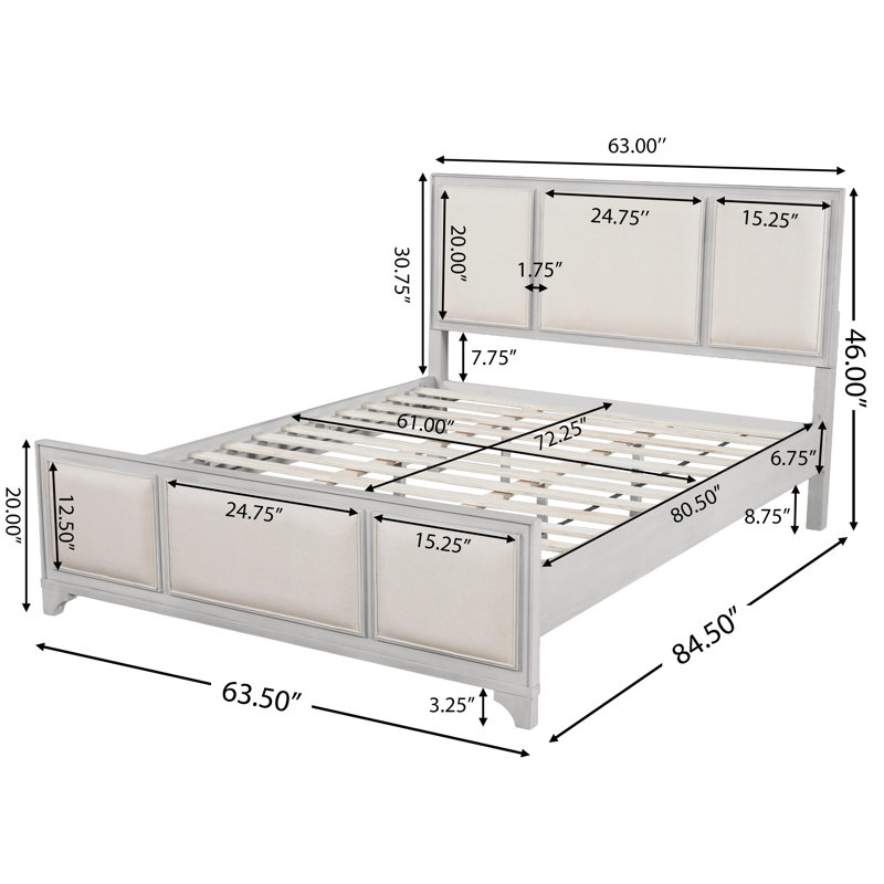 Structure de lit grand lit en bois avec tête de lit tapissier, tissu blanc et beige, plateforme en bois massif, style campagne moderne