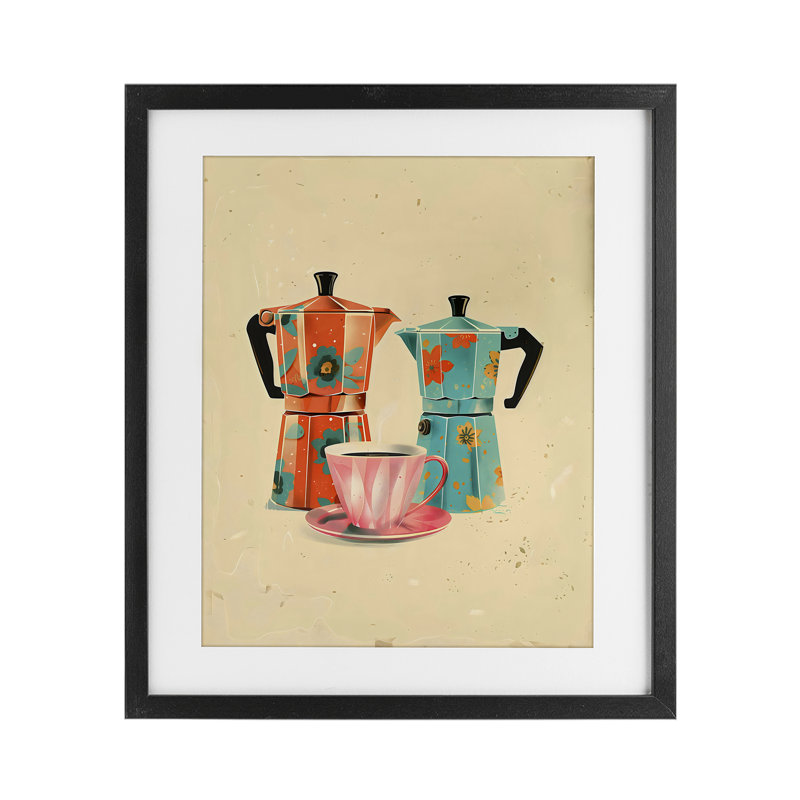 «Retro Morning Moka Pots», reproduction encadrée sous verre, design par Arlington Prints, Cadre noir minuit