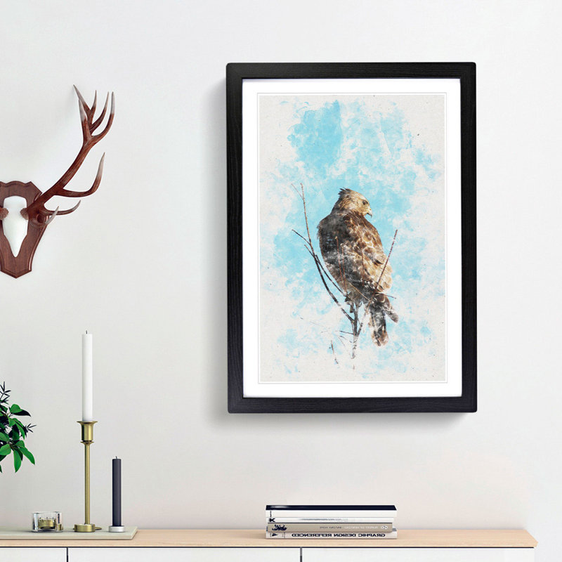 Hawk Perched In A Tree Watercolour - Picture Frame Graphic Art, 45cm H x 33cm W x 2cm D, Black Framed
