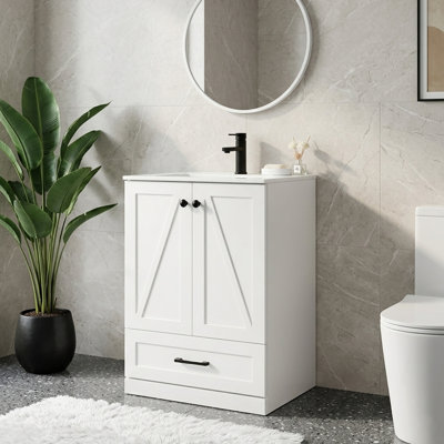 Meuble-lavabo simple autoportant 24 po blanc avec lavabo en céramique intégré et fermeture en douceur 