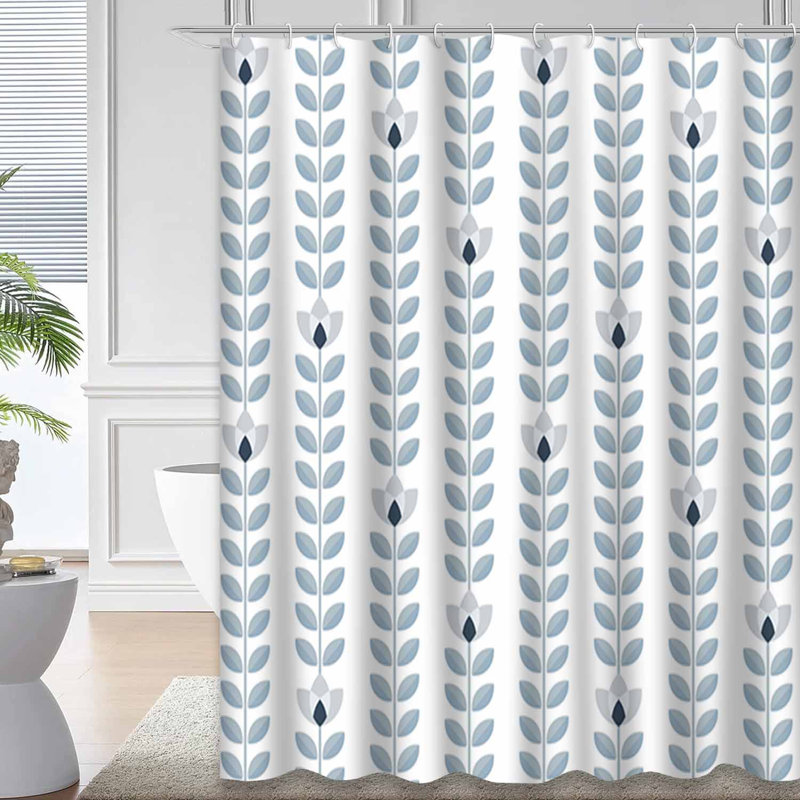 Floral Mid Century Wallpaper Retro Blue Shower Curtain with 12 Hooks, 72" L x 78" W