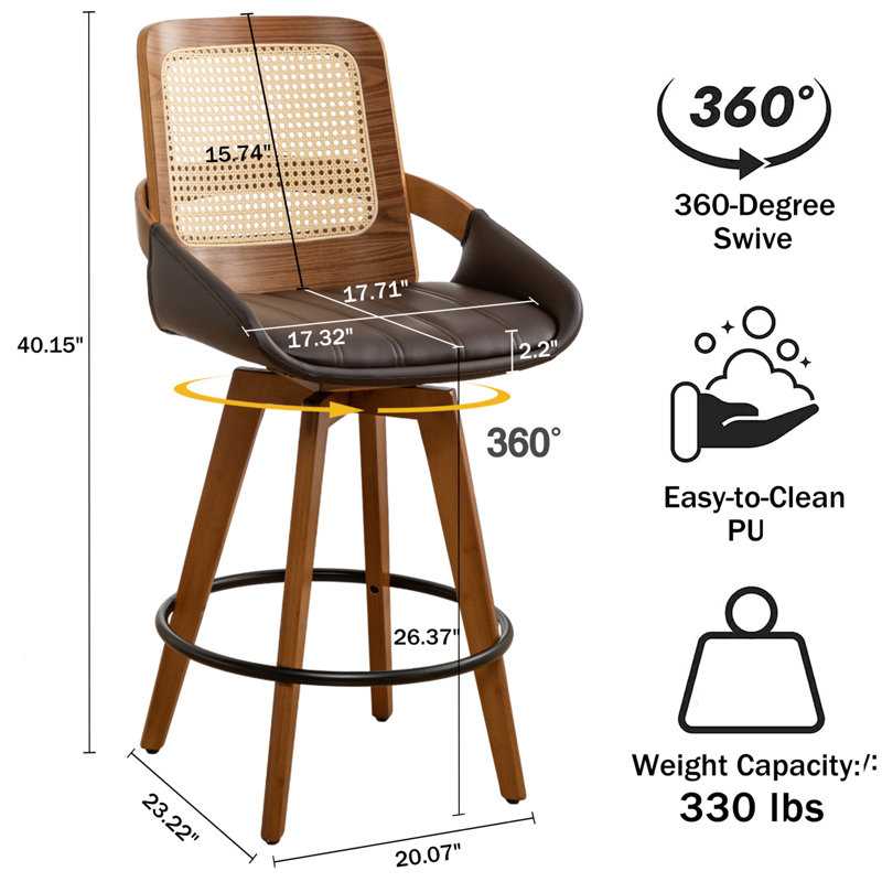 Tabouret de bar pivotant à hauteur de comptoir Darries, Brun, Tabouret de comptoir (siège d'une hauteur de 26,3