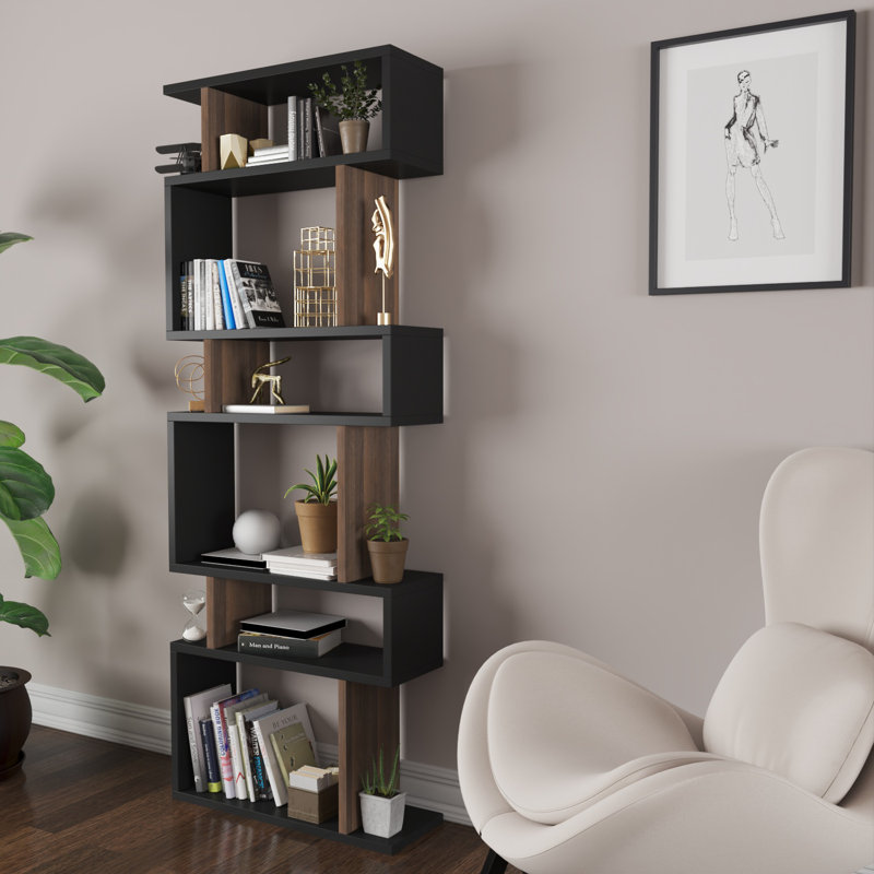Lucy-Lee Geometric 6-Shelf Wall Library 64"H-23"W, Black/Brown