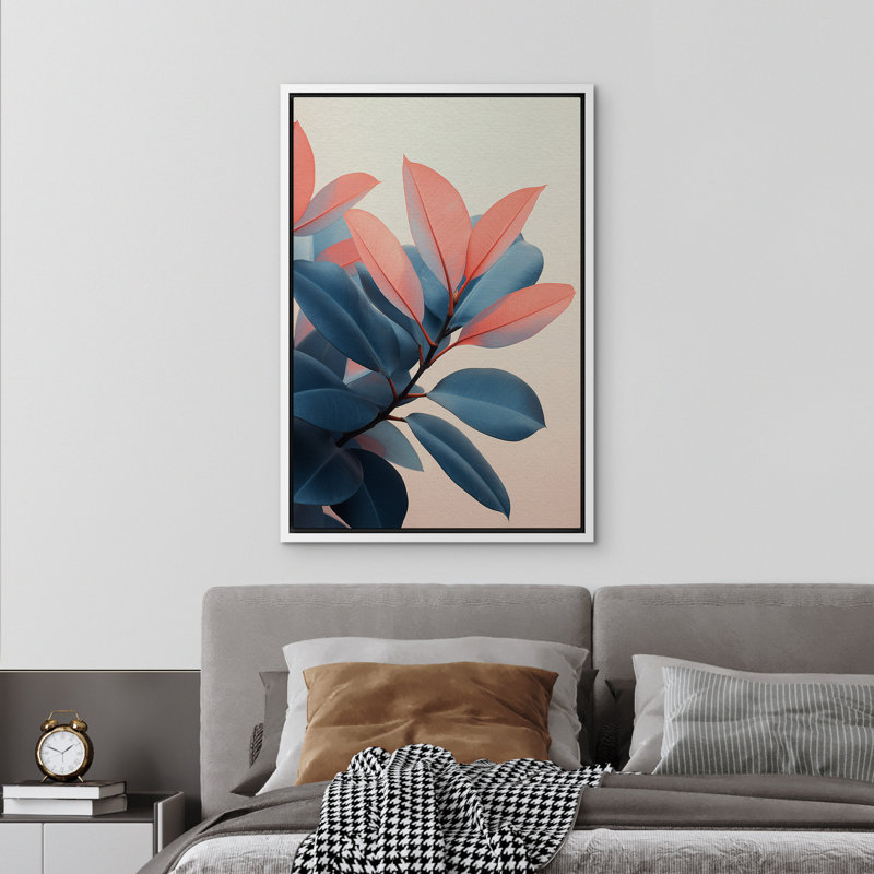«Blue Leaves Branch», impression sur toile encadrée de chambre à coucher minimaliste simple, H 36 po x l 24 po, Blanc