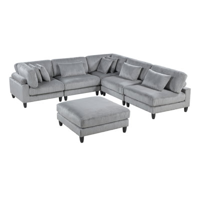 6Pc Modular Sectional Set Corduroy Upholstery 3X Armless Chairs 2X Corner Seats 1X Ottoman Pillows Living Room Furniture