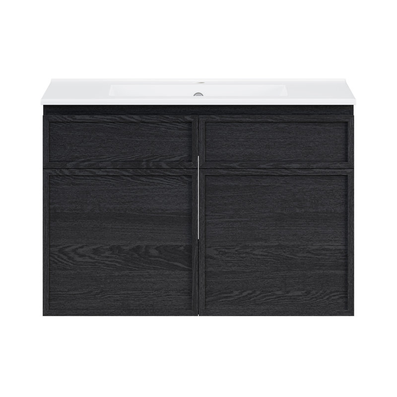 St. Tropez 30" Wall-Mounted Bathroom Vanity In Black Oak With Sink Top, White, Black, Single Hole