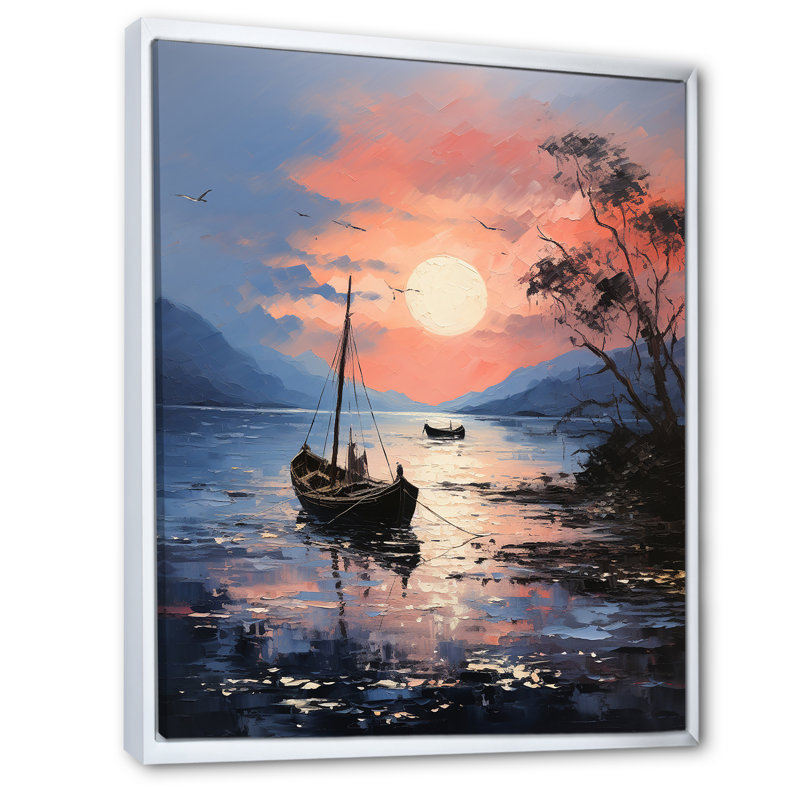 «Lake Fishers Boat Twilight I» - art mural bateau côtier, Cadre flottant blanc, H 20 po x l 12 po x P 1 po