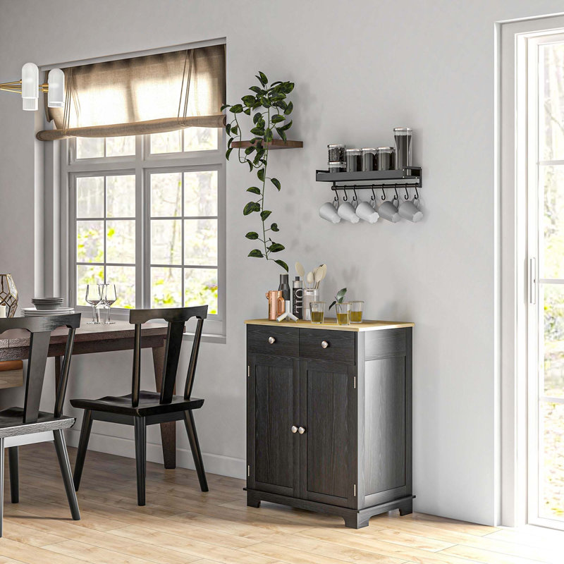 Buffet de cuisine moderne avec comptoir en bois massif, 2 tiroirs, portes et tablette réglable, Noir patiné