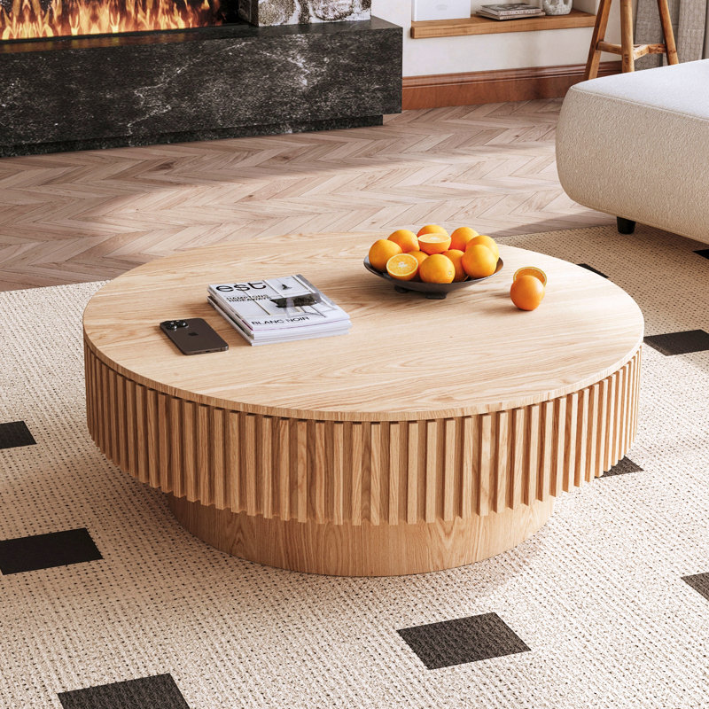 Table basse 39,37 "ronde avec rangement Table d'appoint moderne en placage de bois massif pour salon, chambre à coucher, appartement ou bureau, bois naturel