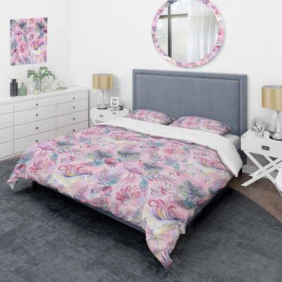 Pink Plamingos Flower Quilt Set