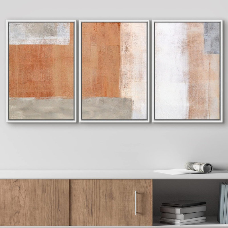 «Brown and Grey Geometric Color Blocks Abstract Shapes Chic Ultra on Canvas», reproduction de 3 pièces, Cadre flottant blanc