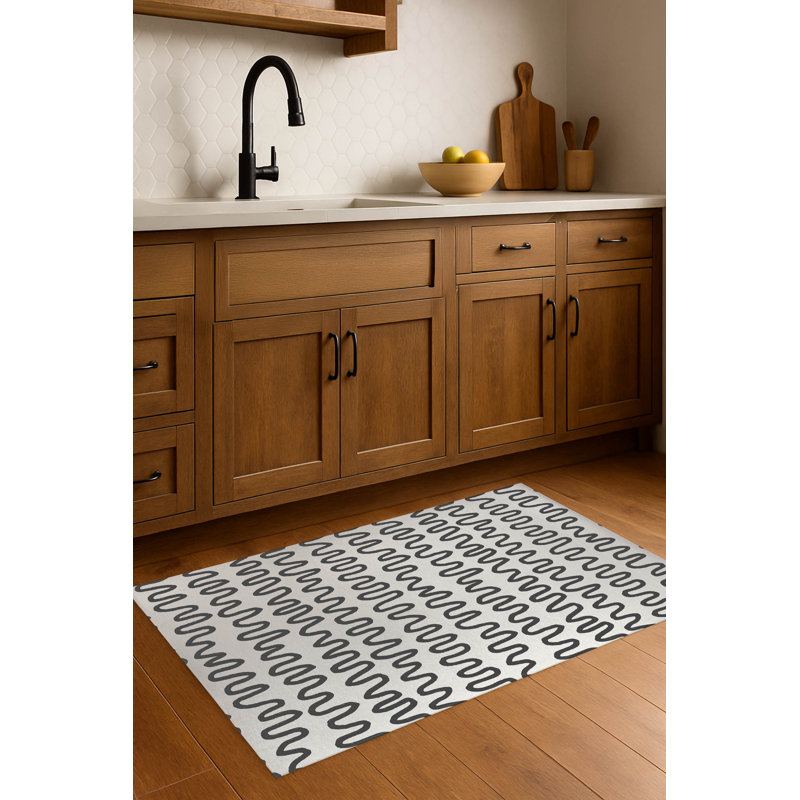 Tapis de cuisine antidérapant léger à rayures Wiggle, Rectangulaire 3 pi x 5 pi, Ivoire/gris anthracite