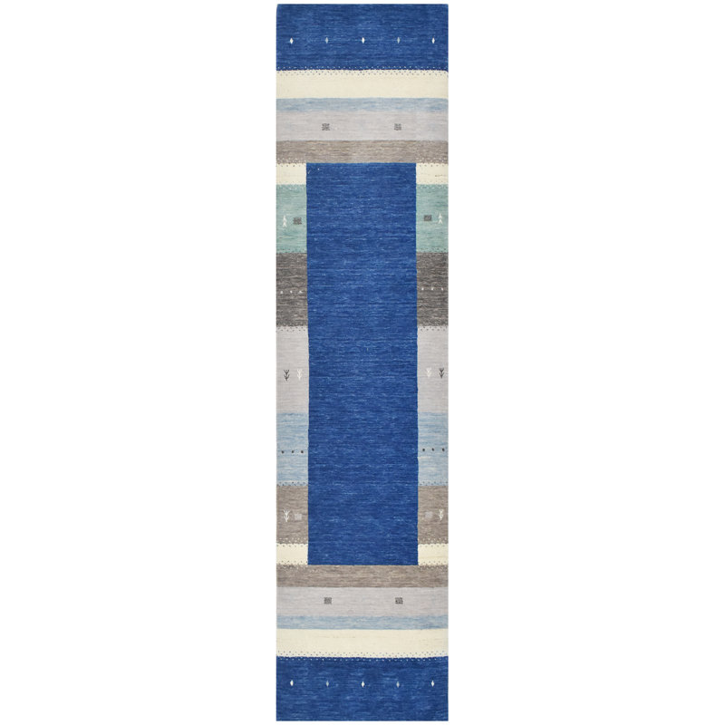 Tapis bleu et multicolore de haute qualité noué à la main, Tapis de couloir 2 pi 6 po x 10 pi