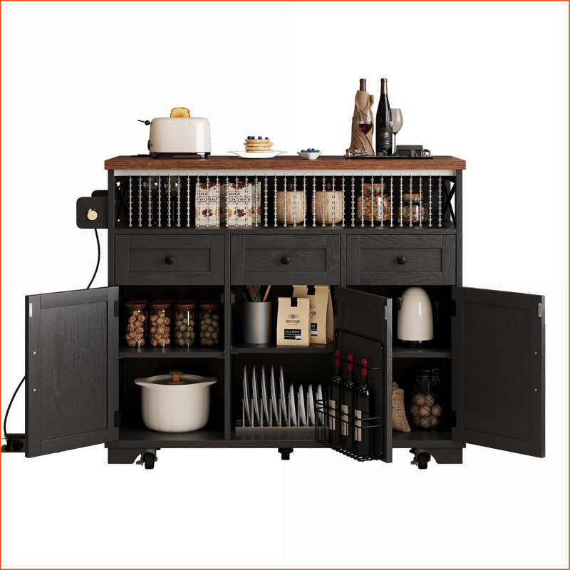 Îlot de cuisine de 46,5 po avec abattant, prises électriques, rangement Kitchen, noir | Ferme | Moyen (40 à 55 po), Noir