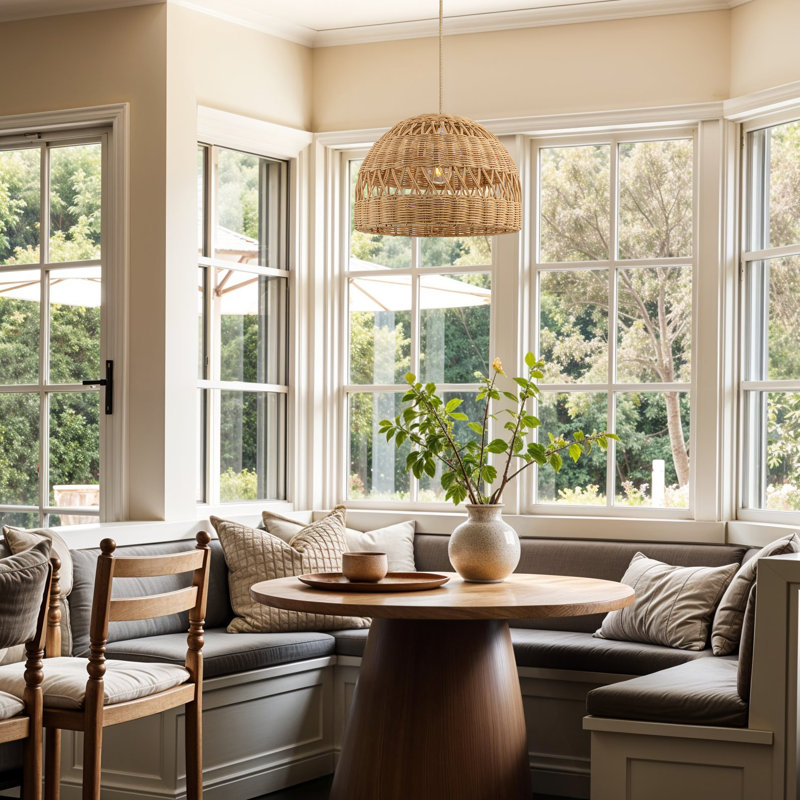 Luminaire suspendu en rotin Radiant - dôme naturel 1 lumière poli tissé à la main pour îlot de cuisine, cuisine, salle à manger, salon, chambre à coucher ou couloir dans un style moderne, campagnard et bohème