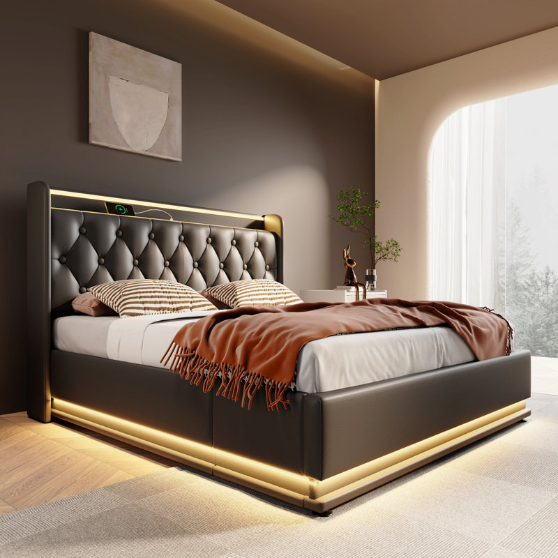 Lit double tapissier pleine grandeur, fonction DEL à 360 degrés, boutons / applications / télécommande, lit de rangement hydraulique avec charge USB Type-C, noir, polyuréthane