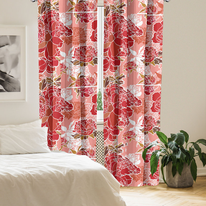 Ruby Dark Salmon Floral Microfiber Sheer Curtain Panels, 63"