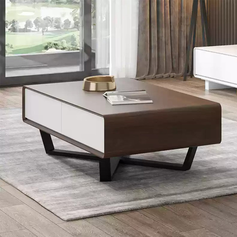 Une table basse d'angle à quatre tiroirs minimaliste, H 15,74 po x L 55,11 po x l 31,49 po, Noyer foncé / blanc