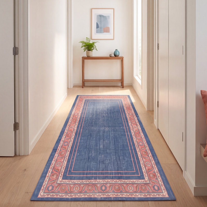 Tapis Whitfield moderne minimaliste à bordure géométrique turquoise, rose et crème, lavable à la machine, antidérapant, à poils courts, pour intérieur et extérieur, adapté aux animaux domestiques, idéal pour le salon, la chambre, la salle à manger, l'entrée, le corridor ou le bureau.