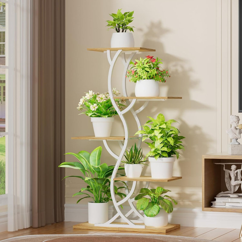 Support pour plantes d'intérieur avec éclairage horticole - Étagère d'angle à 5 niveaux, tablette en métal de 112 cm de haut, présentoir lumineux en forme de S, blanc