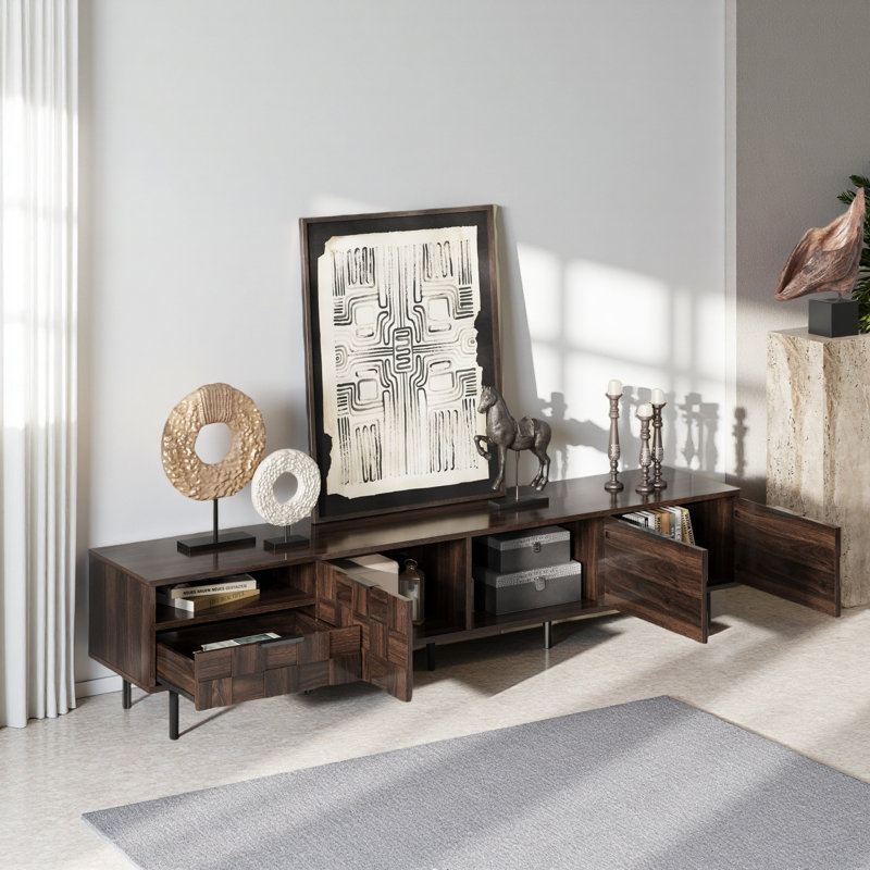 Meuble télé 78 po pour téléviseur de 65 pouces et plus de style Mid-Century moderne, console de télévision avec armoires de rangement pour le salon, espace de rangement