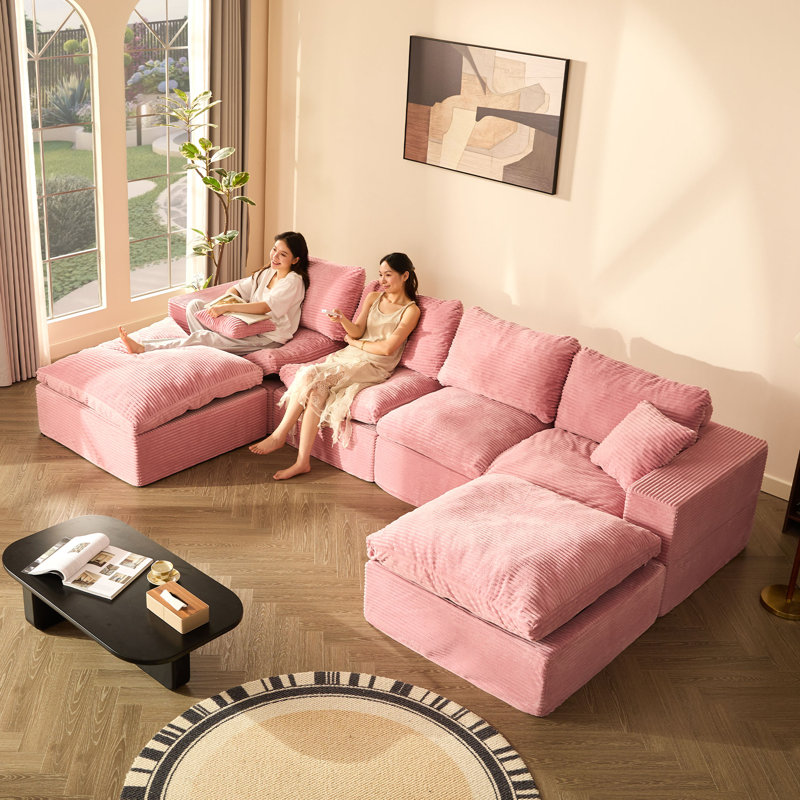 Corduroy Sofa, 345cm-4U, Pink