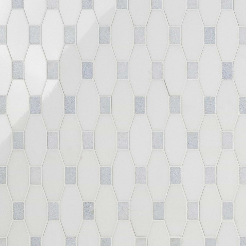 Octave 2x4 Polished Octagon Asian Statuary Marble Mosaic Tile, Thassos;Blue Celeste