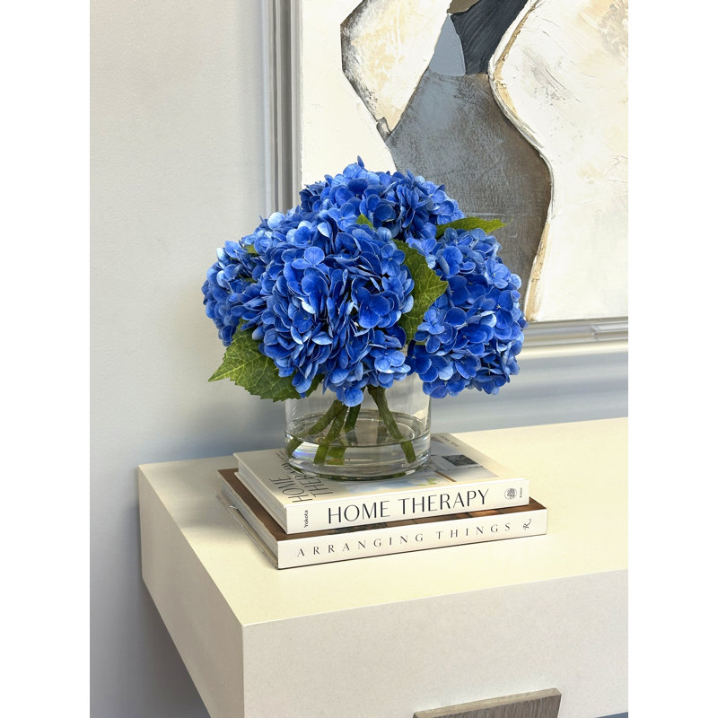 Real Touch Hydrangea Floral Arrangement in a Glass Vase, Blue