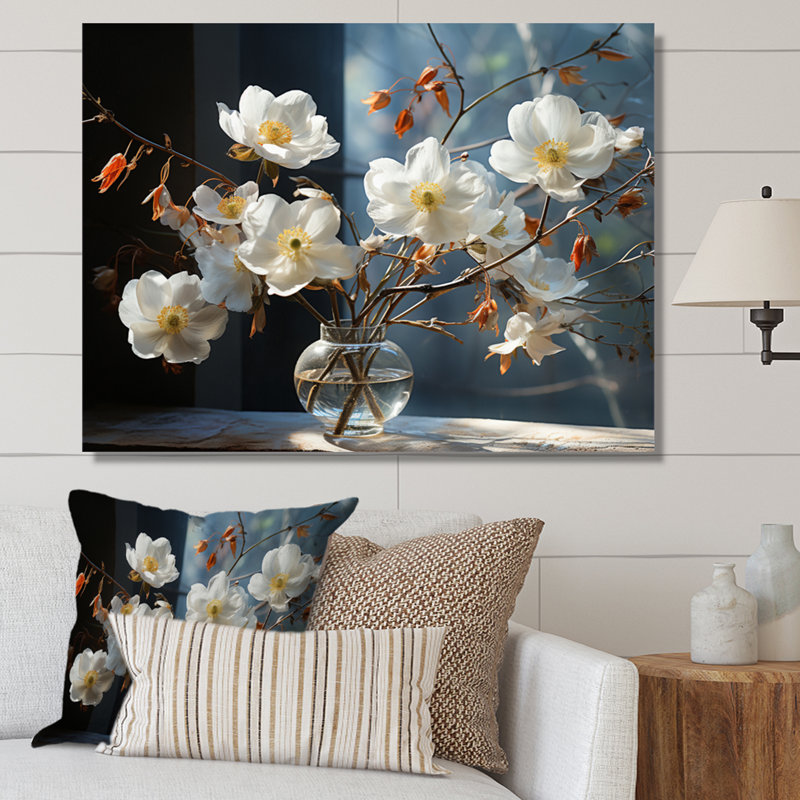 «White Yellow Dogwood Stillife», reproduction d'art sur toile, H 16 po x l 32 po x P 1 po, Toile tendue