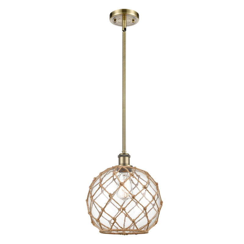 Luminaire suspendu en forme de globe à 1 lumière avec accents en corde Tobey, Clair/Brun, Chrome poli
