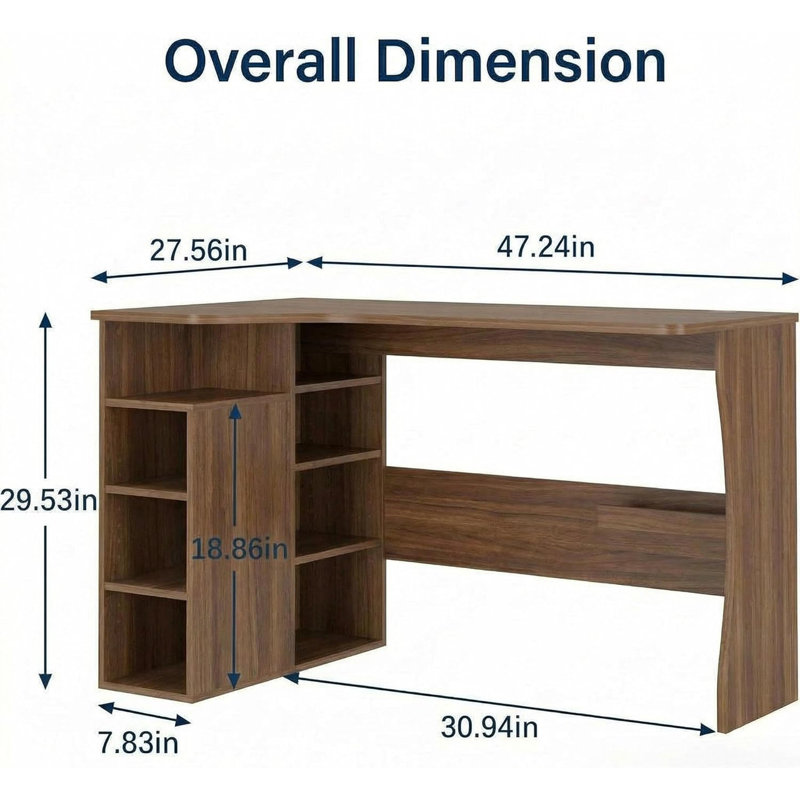 Bureau en L avec tablettes de rangement - Petit bureau d'angle pour petits espaces, table réversible avec tablettes à 3 niveaux pour le bureau personnel, l'écriture, le bureau, les jeux