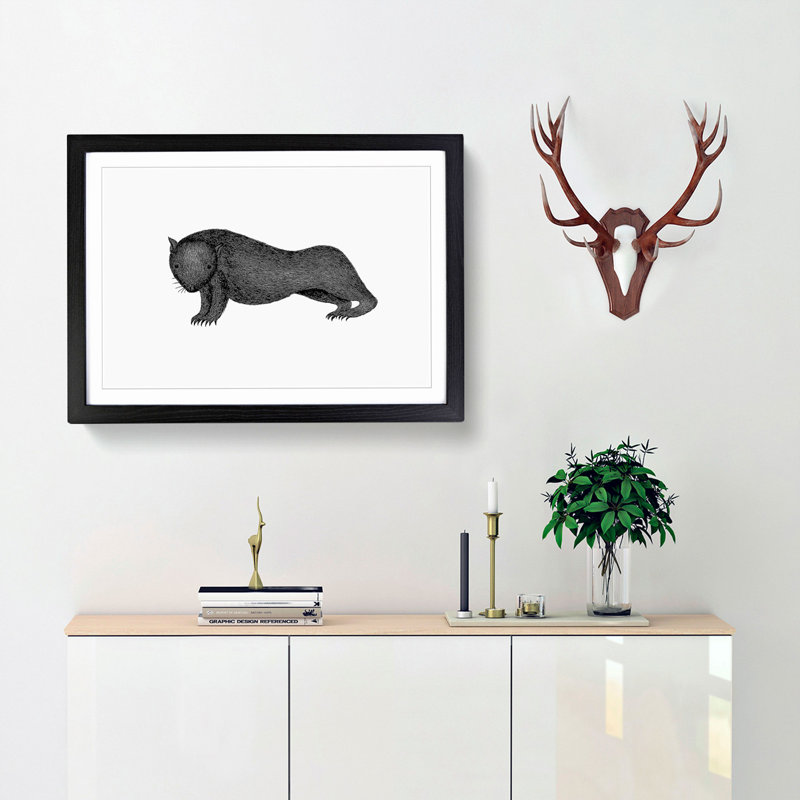 Wombat Illustration in Black & White - Framed Print, 27cm H x 36cm W x 2cm D, Black Framed