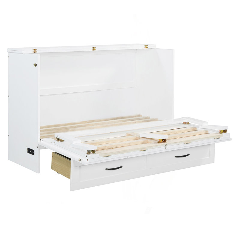 Lit escamotable double avec grands tiroirs, blanc, Blanc