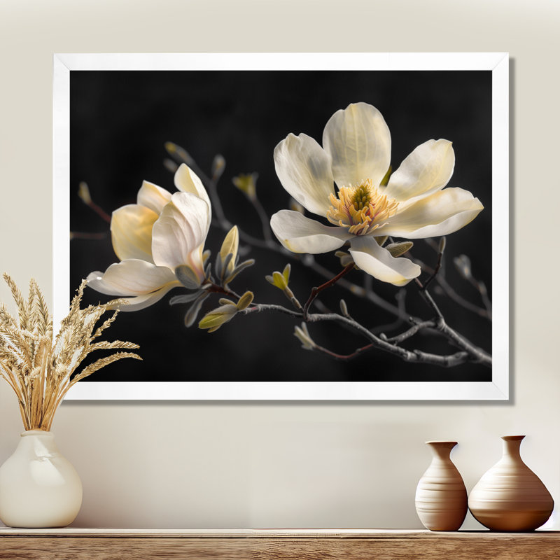 Décoration murale Rodriguez - Magnolias, H 24 po x l 32 po, Cadre simple blanc