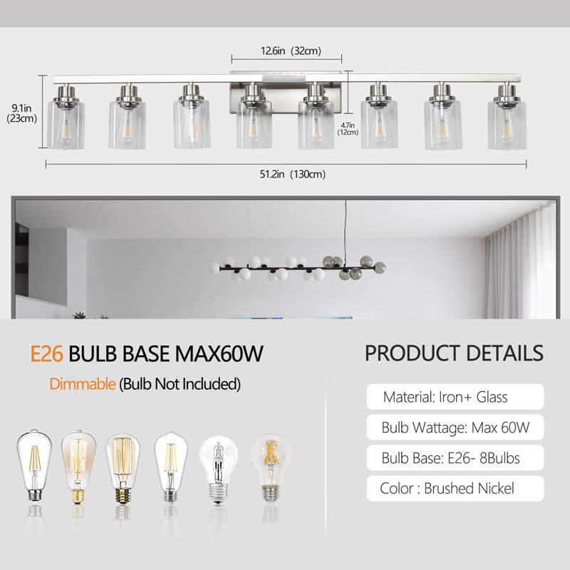 51.2 in. 8-Light Bathroom Vanity Light Fixture with Clear Glass Shades(No Bulbs), Brushed Nickel