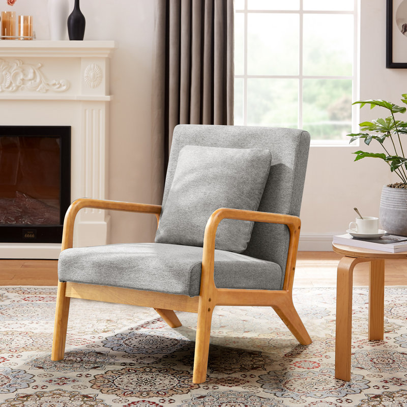 Fanci 25.6" Wide Accent Chair, Gray Linen / Medium Yellow Wood