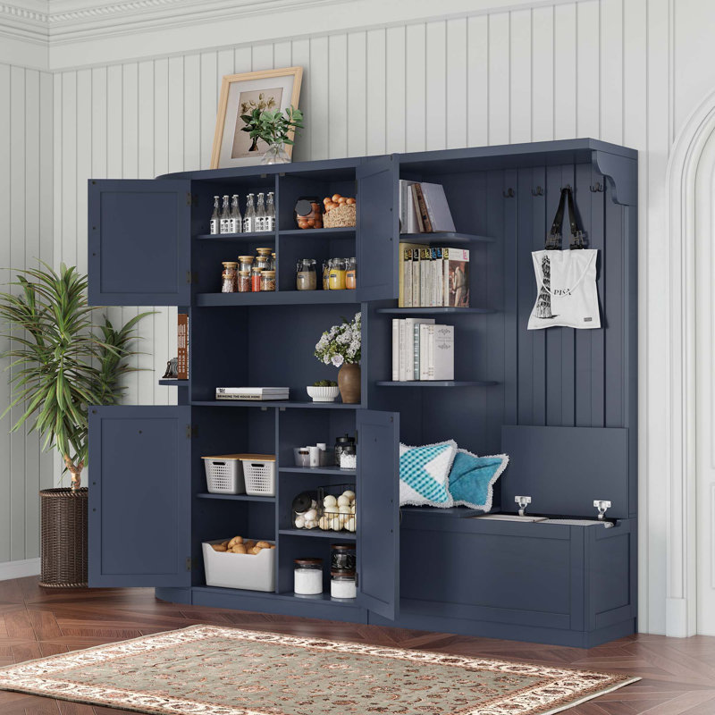 Multifunctional Left-Right Combination Hall Cabinet With Storage And 4 Hooks,Storage Cabinet/ Hall Tree 2 In 1 For Living Room, Kitchen And Hallway
