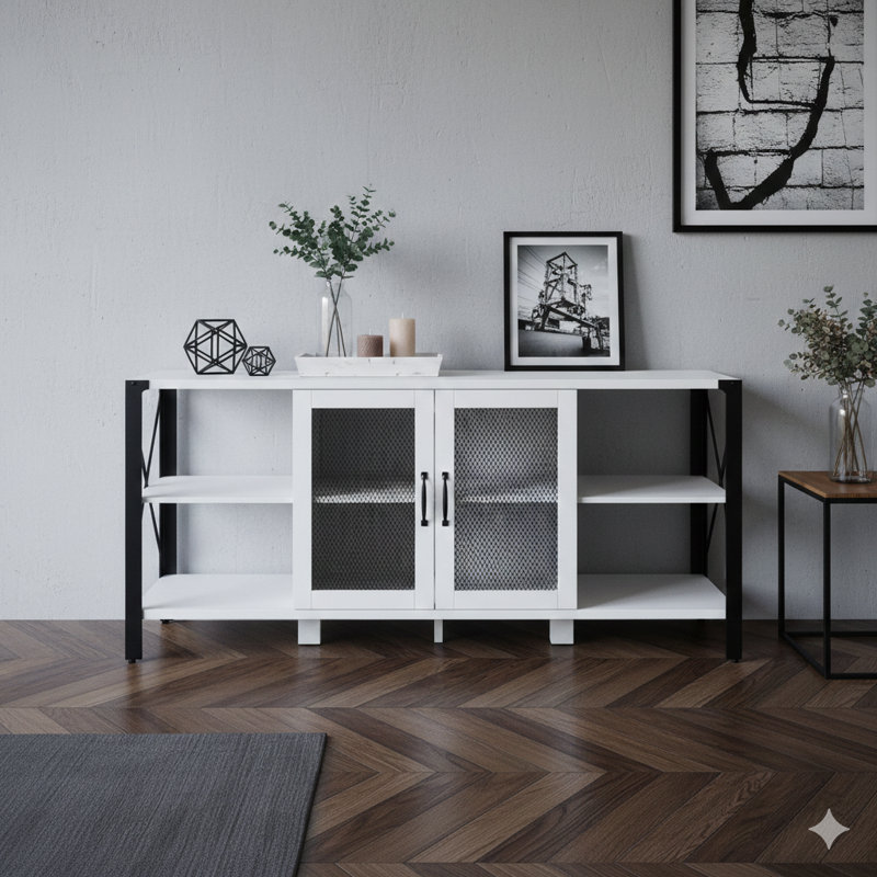 Meuble télé de style industriel avec bibliothèque ouverte combinant bois et métal. Une unité horizontale d'inspiration campagnarde pour les salons ou les chambres à coucher, compatible avec les téléviseurs de 80 pouces.