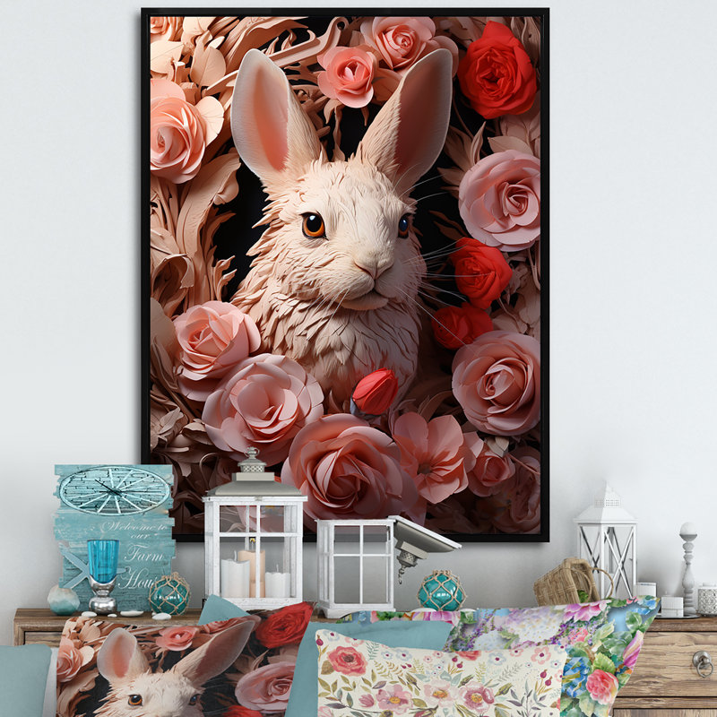 Romantiques moments de lapin sur toile, Cadre flottant noir, H 40 po x l 30 po x P 1,5 po