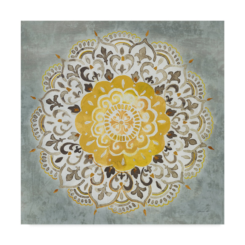 « mandala plaisir iv jaune gris », reproduction de peinture à l’aquarelle sur toile tendue, H 14 po x l 14 po x P 2 po