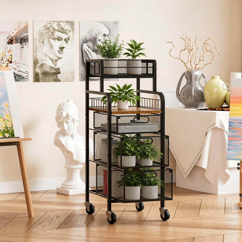 Chariot de rangement à 3 tiroirs avec roulettes verrouillables et tablette en bois - Organisateur de chariot utilitaire mobile pour le bureau, les fournitures d'artisanat et le home studio