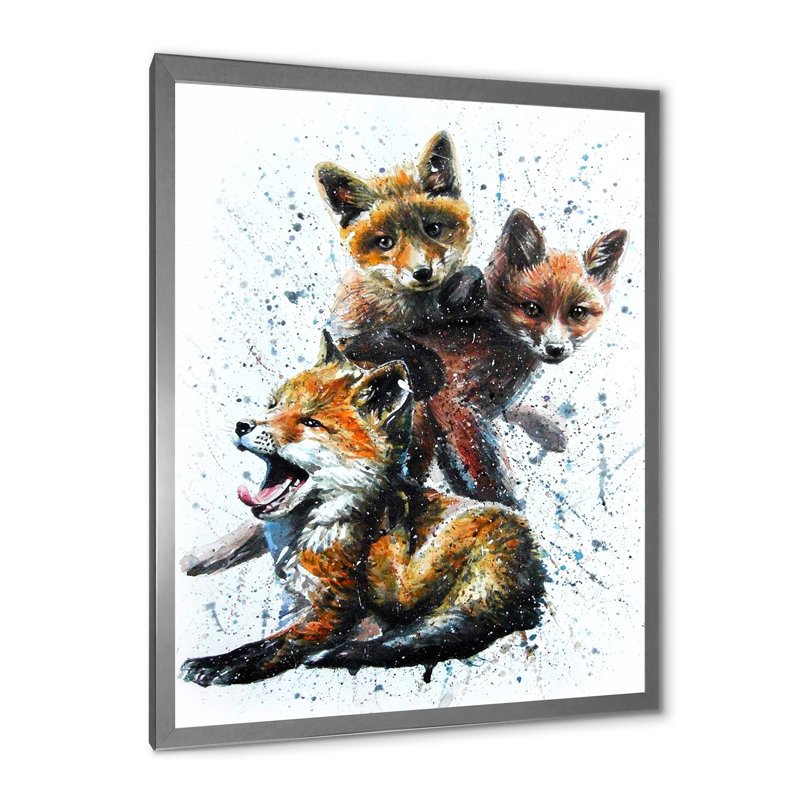 Petits renards - peinture, H 12 po x l 8 po x P 1 po, Cadre photo argenté