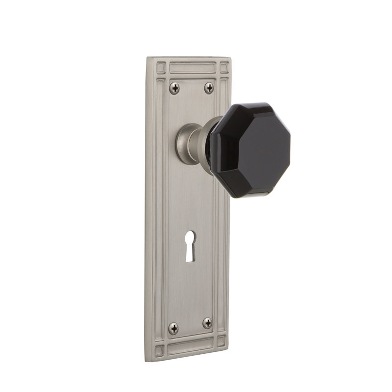 Plaque de mission Nostalgic Warehouse avec trou de serrure décoratif et bouton de porte noir Waldorf, 2 3/8 po, Nickel satiné