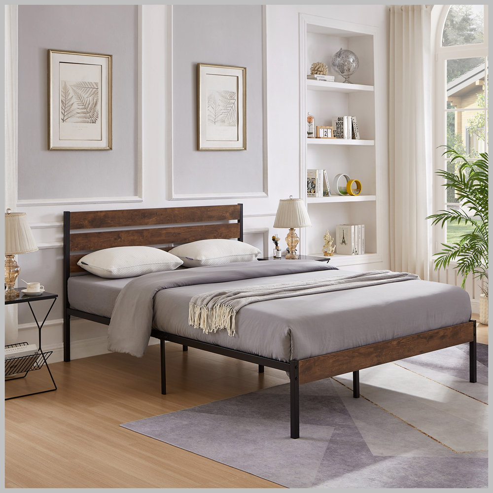 17 Stories Modern Metal Bed Frame with Wood Headboard | Wayfair