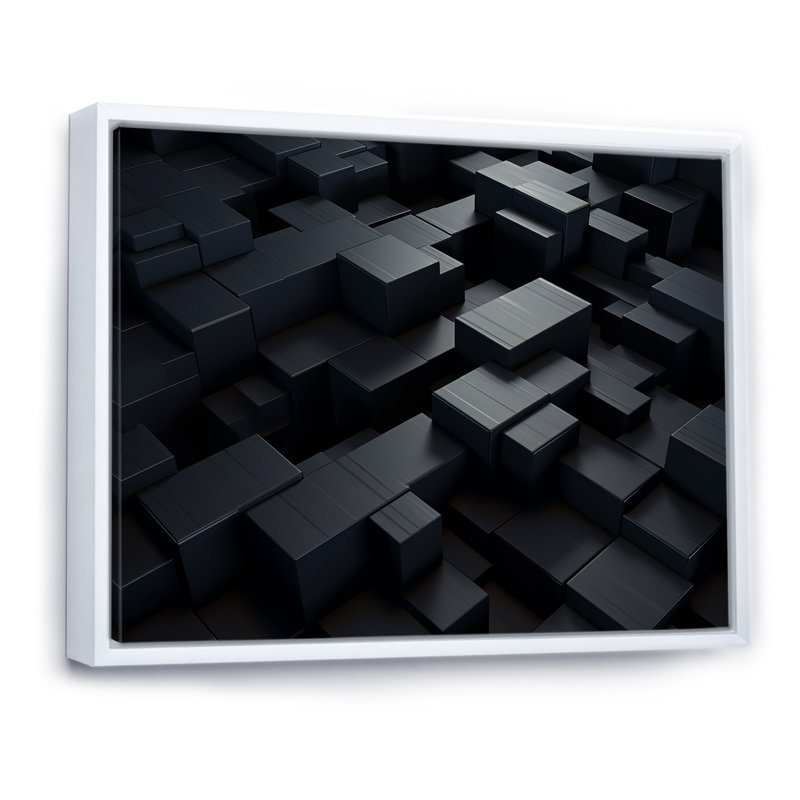 Dimensions du cube 3D en brique noire I - reproduction sur toile, H 34 po x l 44 po x P 1,5 po, Cadre flottant blanc