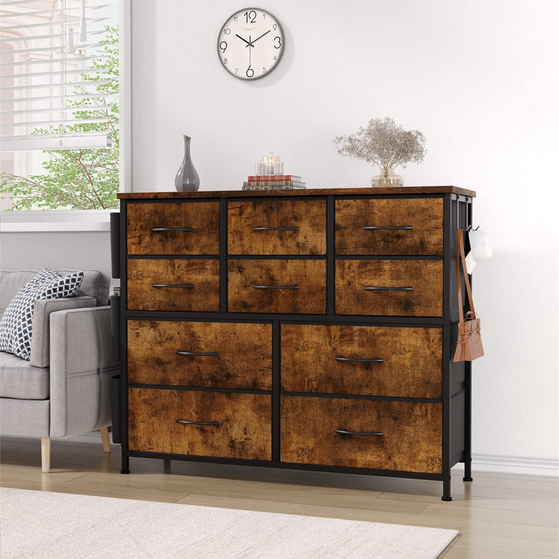 Commode 10 tiroirs, commode pour chambre à coucher avec 10 grands tiroirs de rangement en tissu, Brun rustique